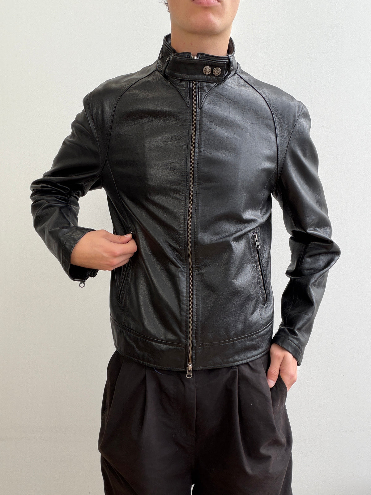 Armani Jeans Black 00s Collar Clasp Leather Biker Jacket