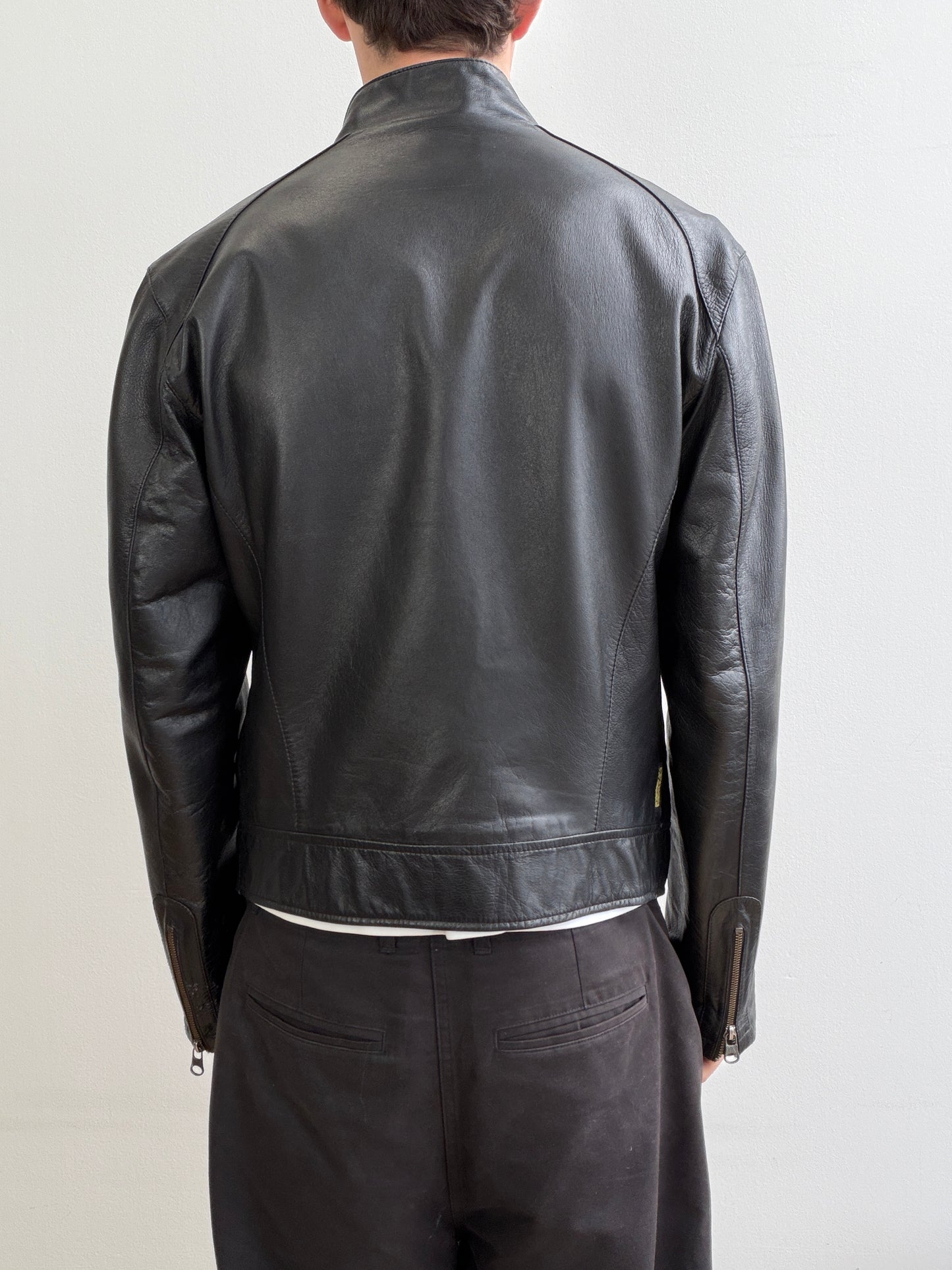 Armani Jeans Black 00s Collar Clasp Leather Biker Jacket