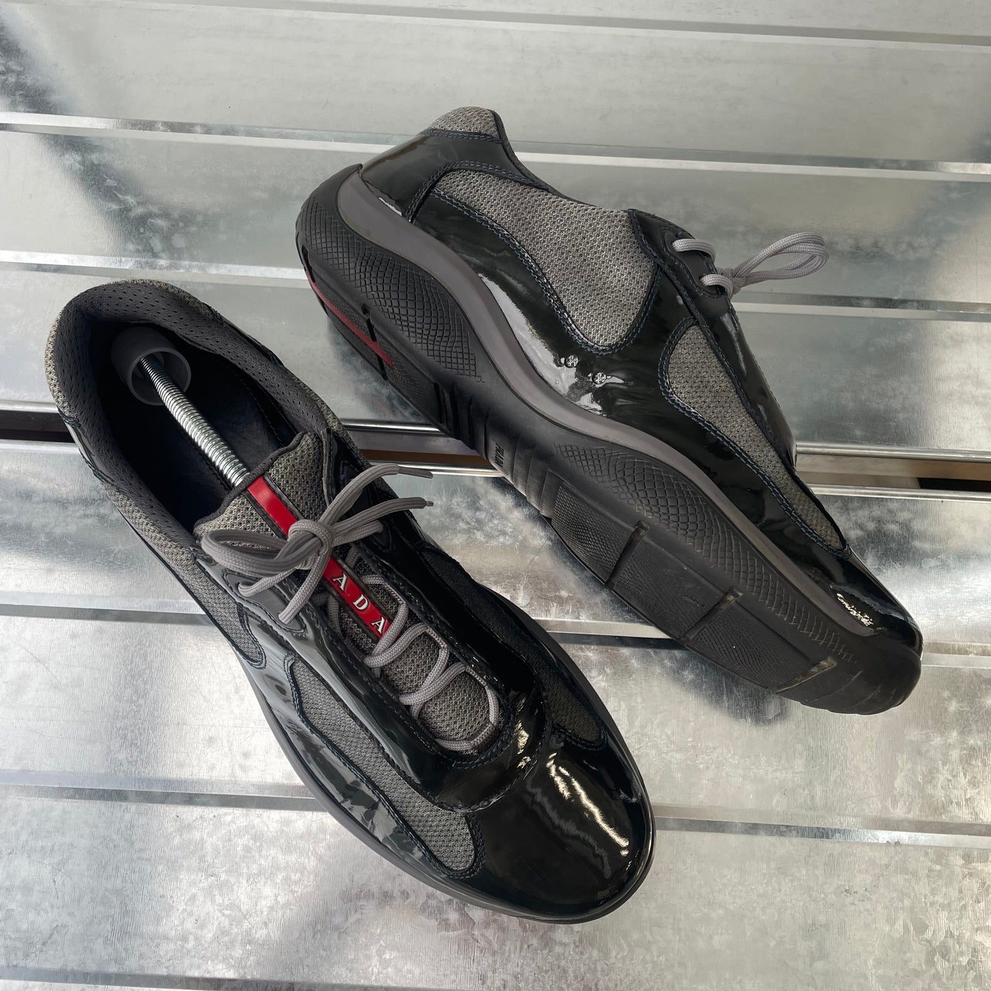 Prada Sport Black & Grey 00s Patent Leather Americas Cup Trainers