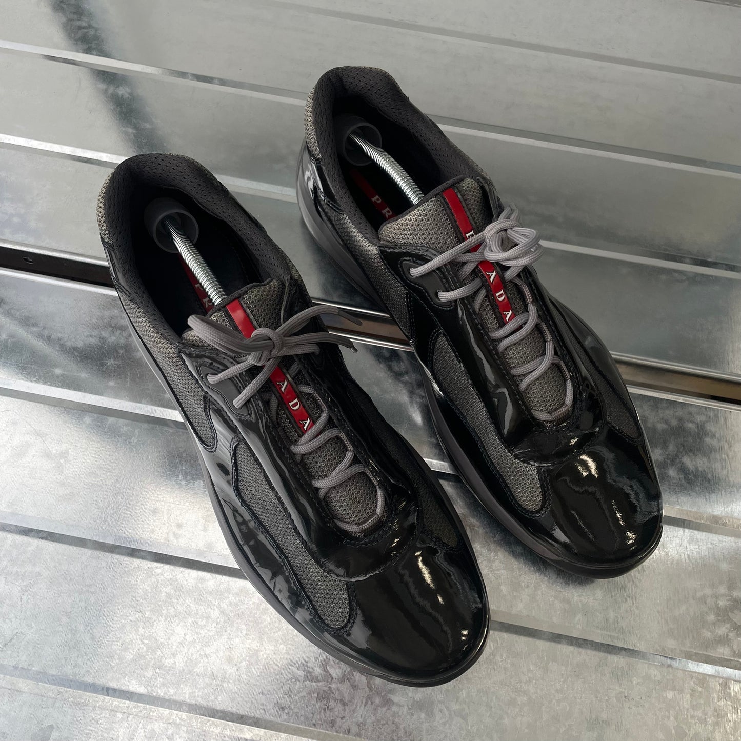 Prada Sport Black & Grey 00s Patent Leather Americas Cup Trainers