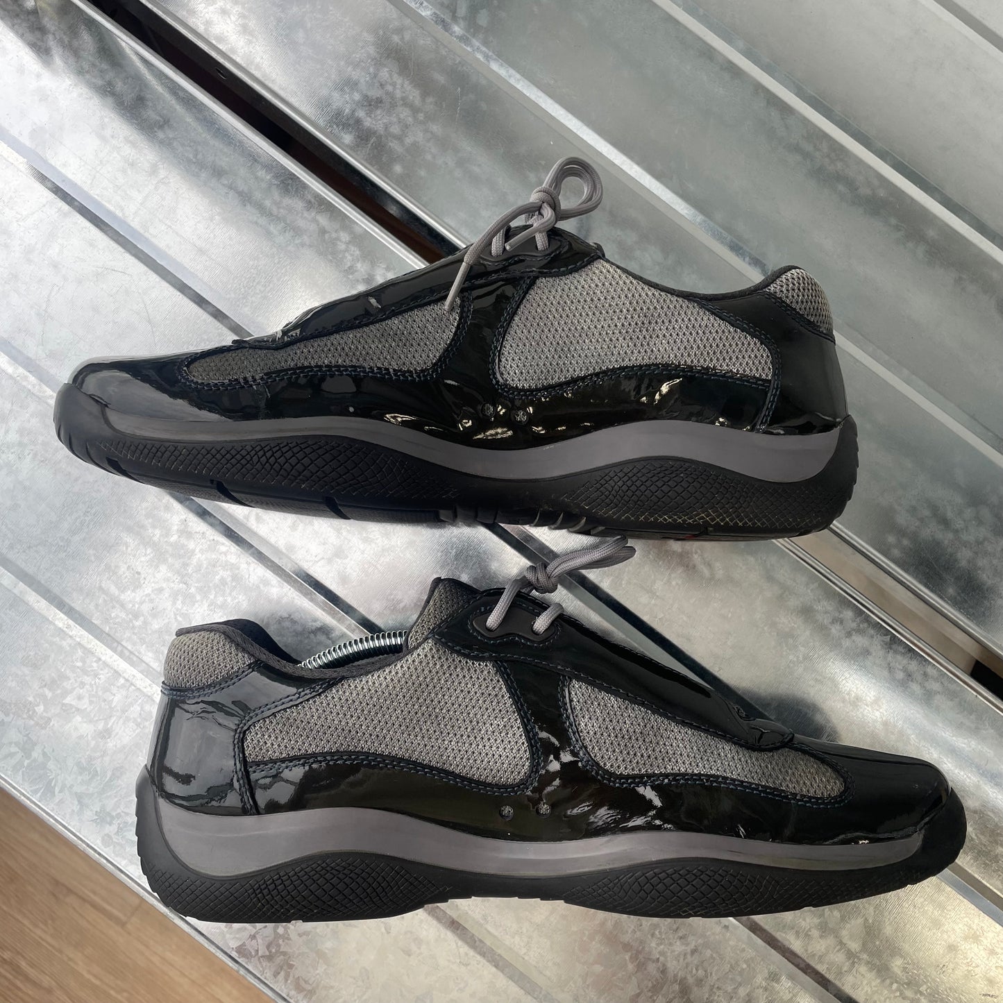 Prada Sport Black & Grey 00s Patent Leather Americas Cup Trainers