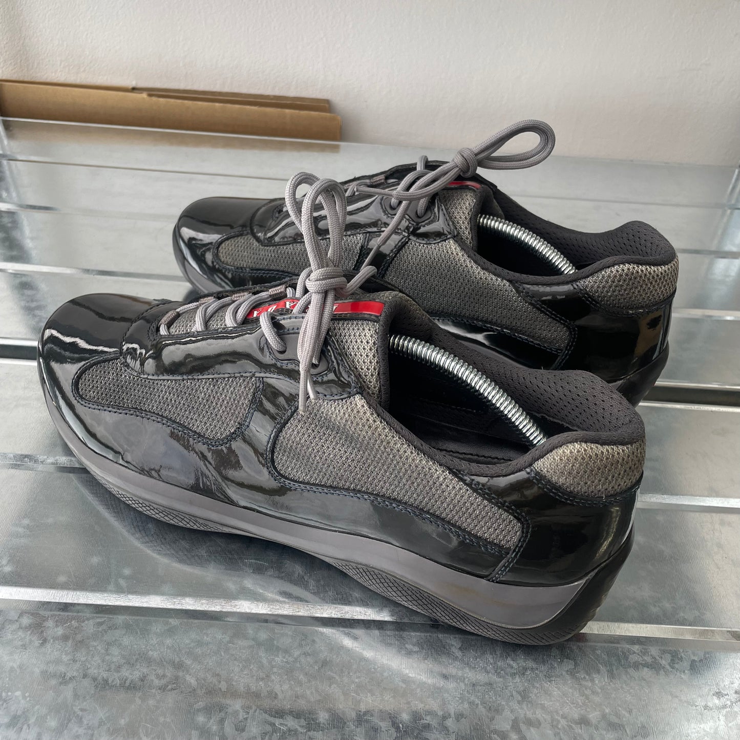 Prada Sport Black & Grey 00s Patent Leather Americas Cup Trainers