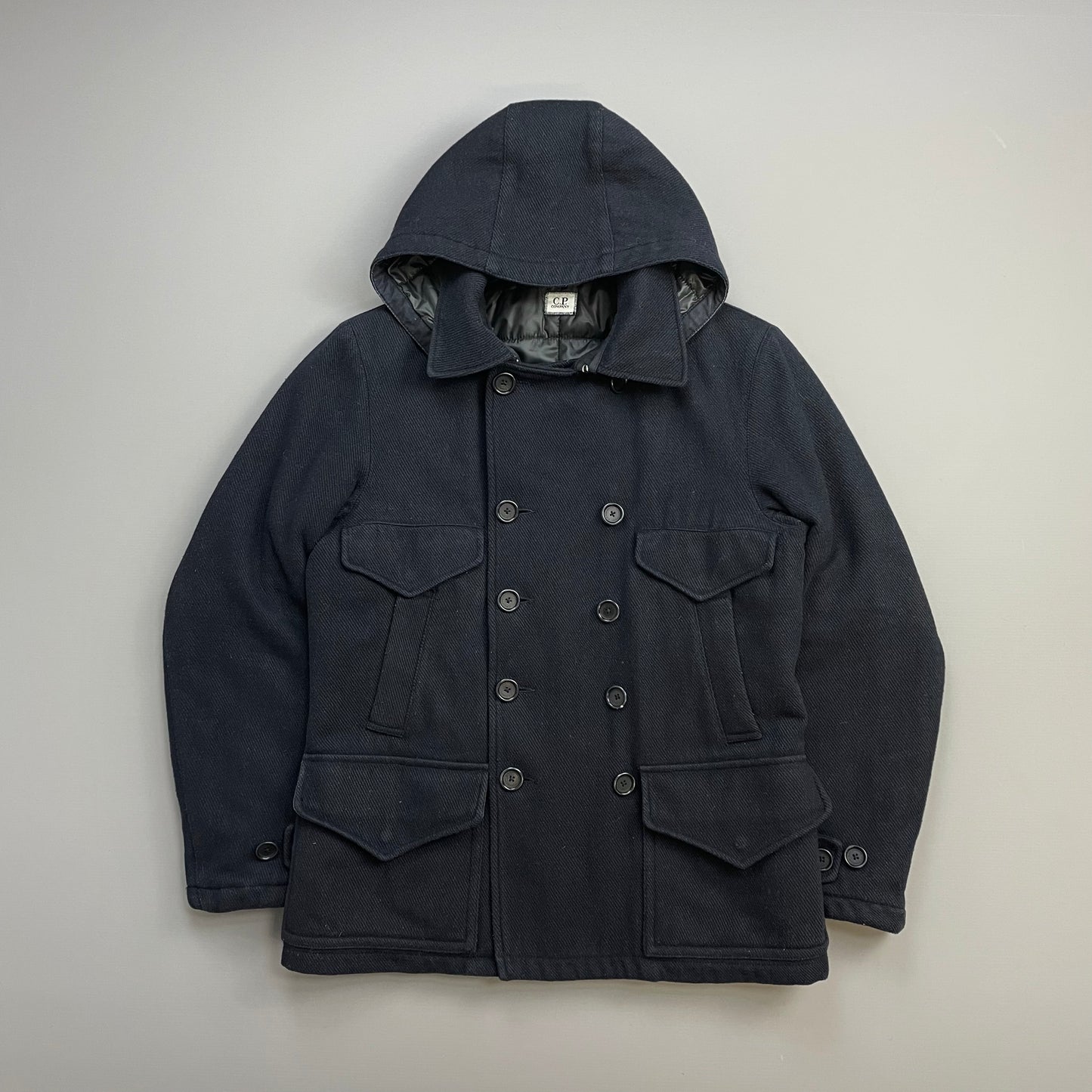 C.P. Company Navy 2010s Wool-Blend Detachable-Hood Quilted Pea Coat