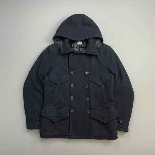 C.P. Company Navy 2010s Wool-Blend Detachable-Hood Quilted Pea Coat