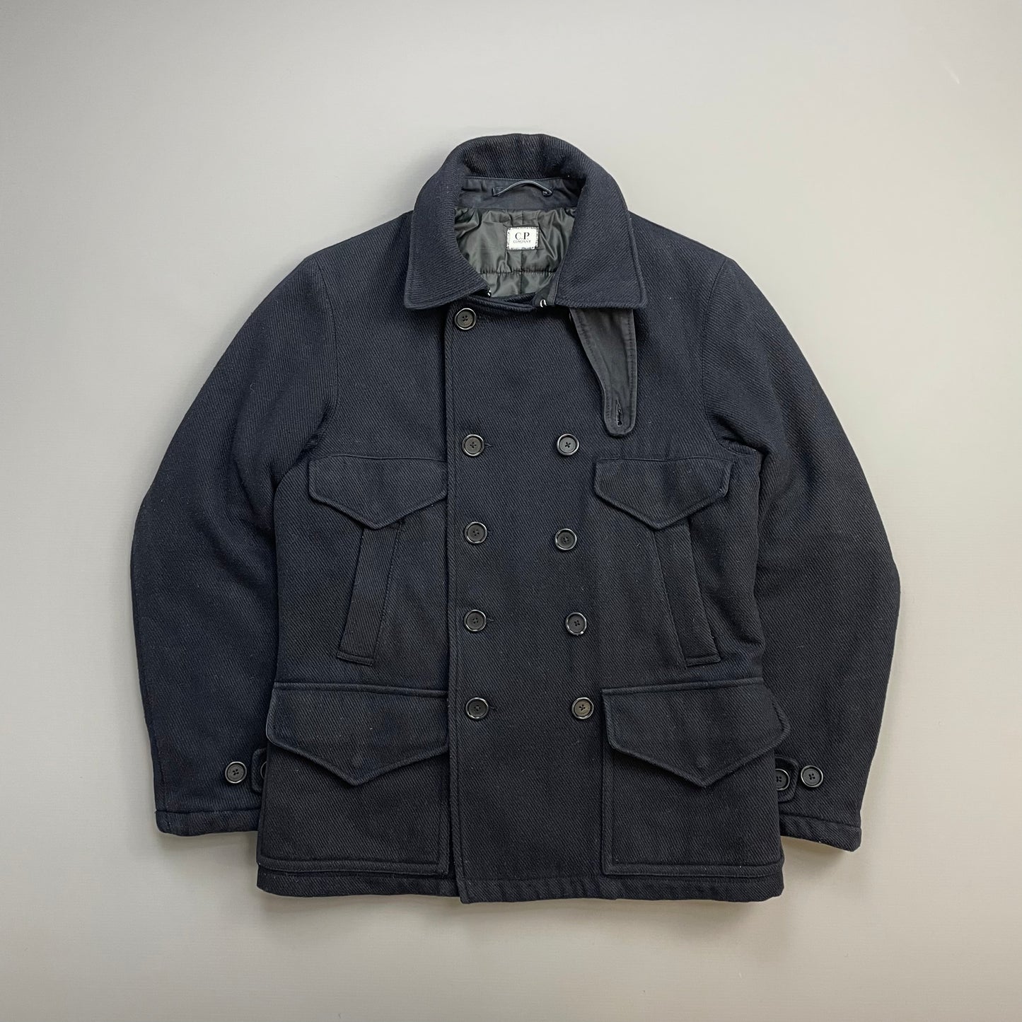 C.P. Company Navy 2010s Wool-Blend Detachable-Hood Quilted Pea Coat