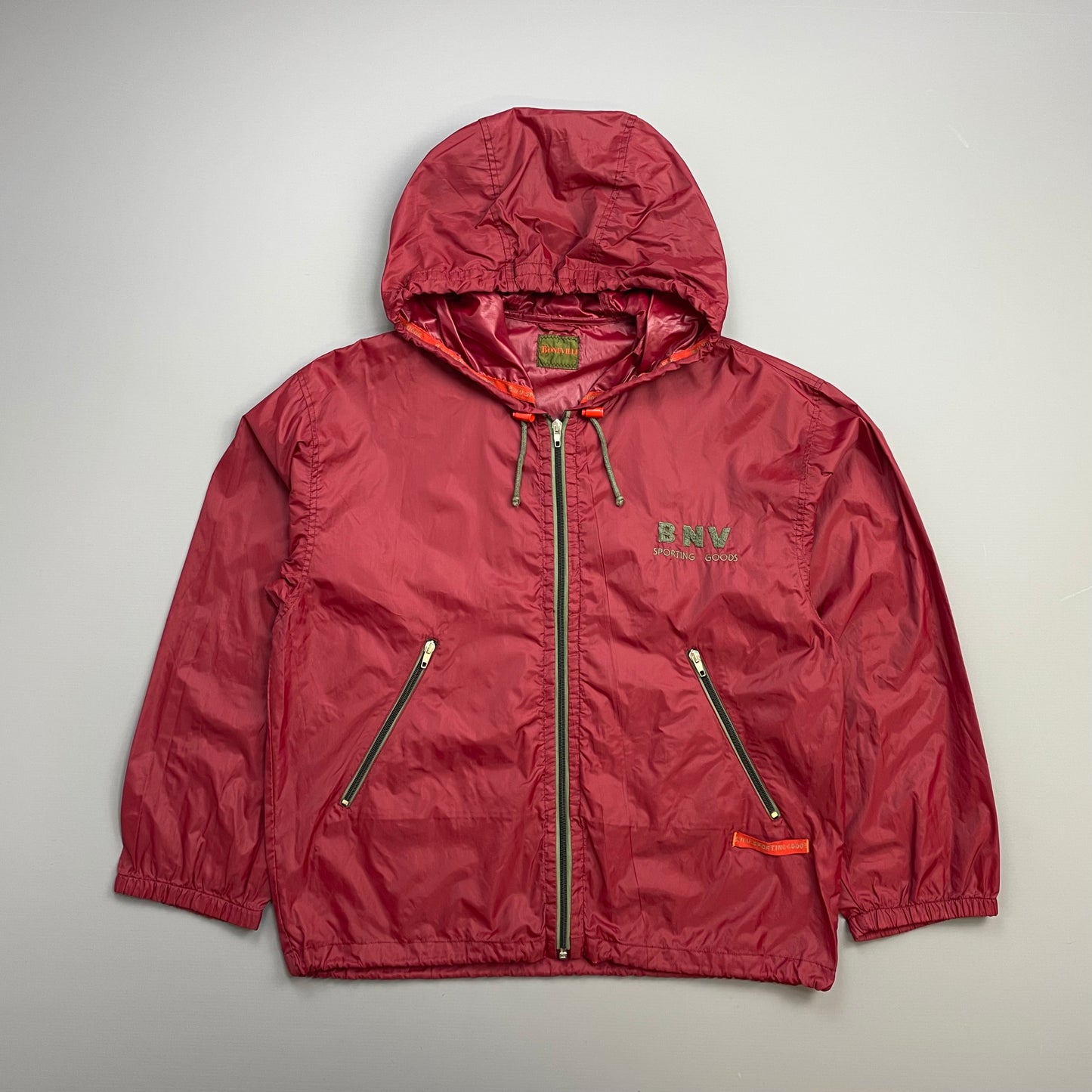 Boneville Red 80s Nylon & Chenille Patch Hooded Windbreaker Jacekt