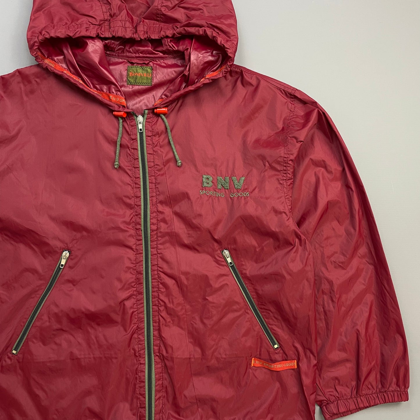 Boneville Red 80s Nylon & Chenille Patch Hooded Windbreaker Jacekt