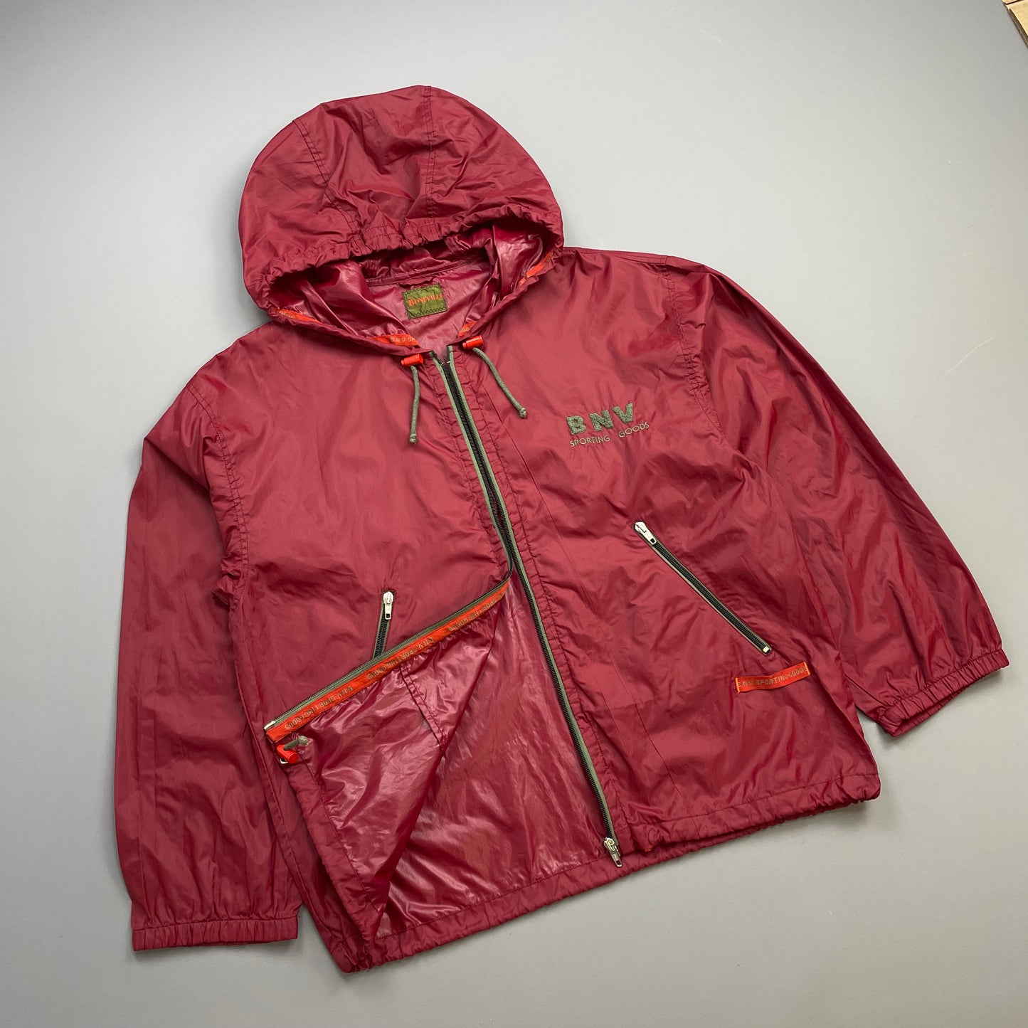 Boneville Red 80s Nylon & Chenille Patch Hooded Windbreaker Jacekt