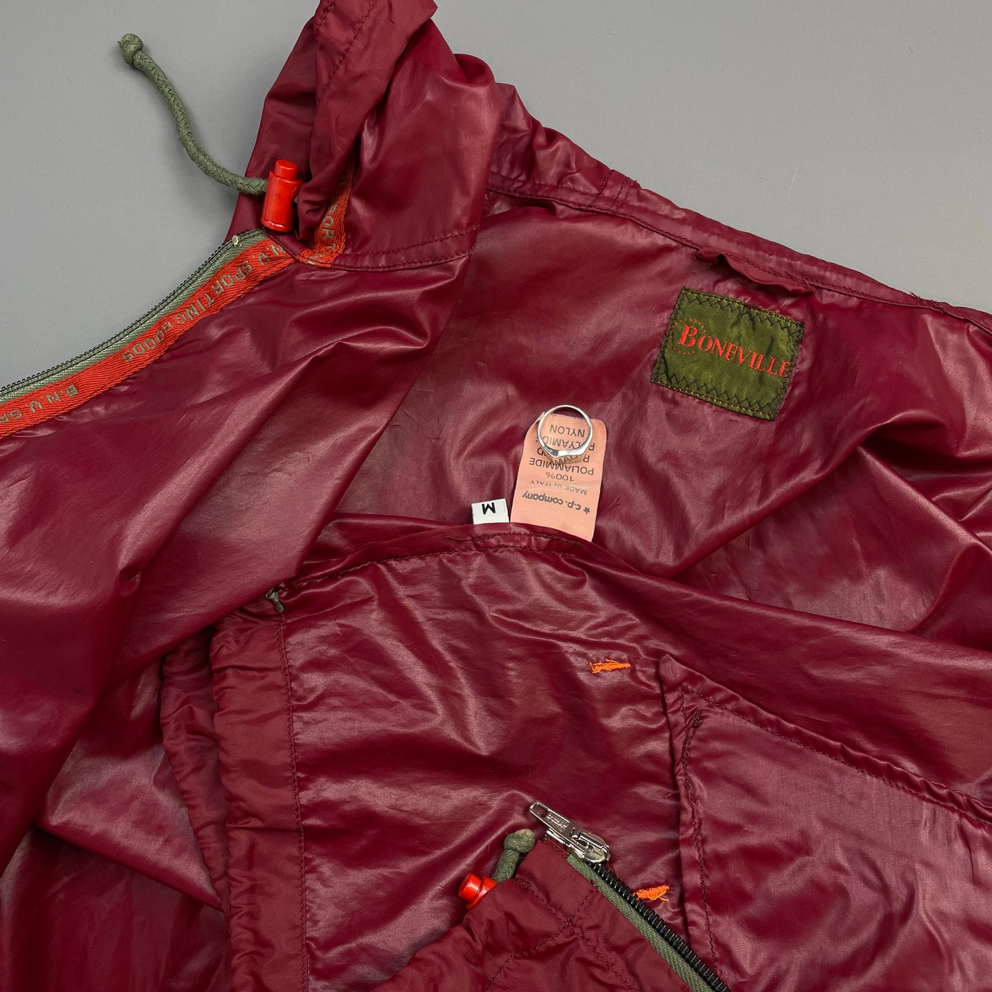 Boneville Red 80s Nylon & Chenille Patch Hooded Windbreaker Jacekt