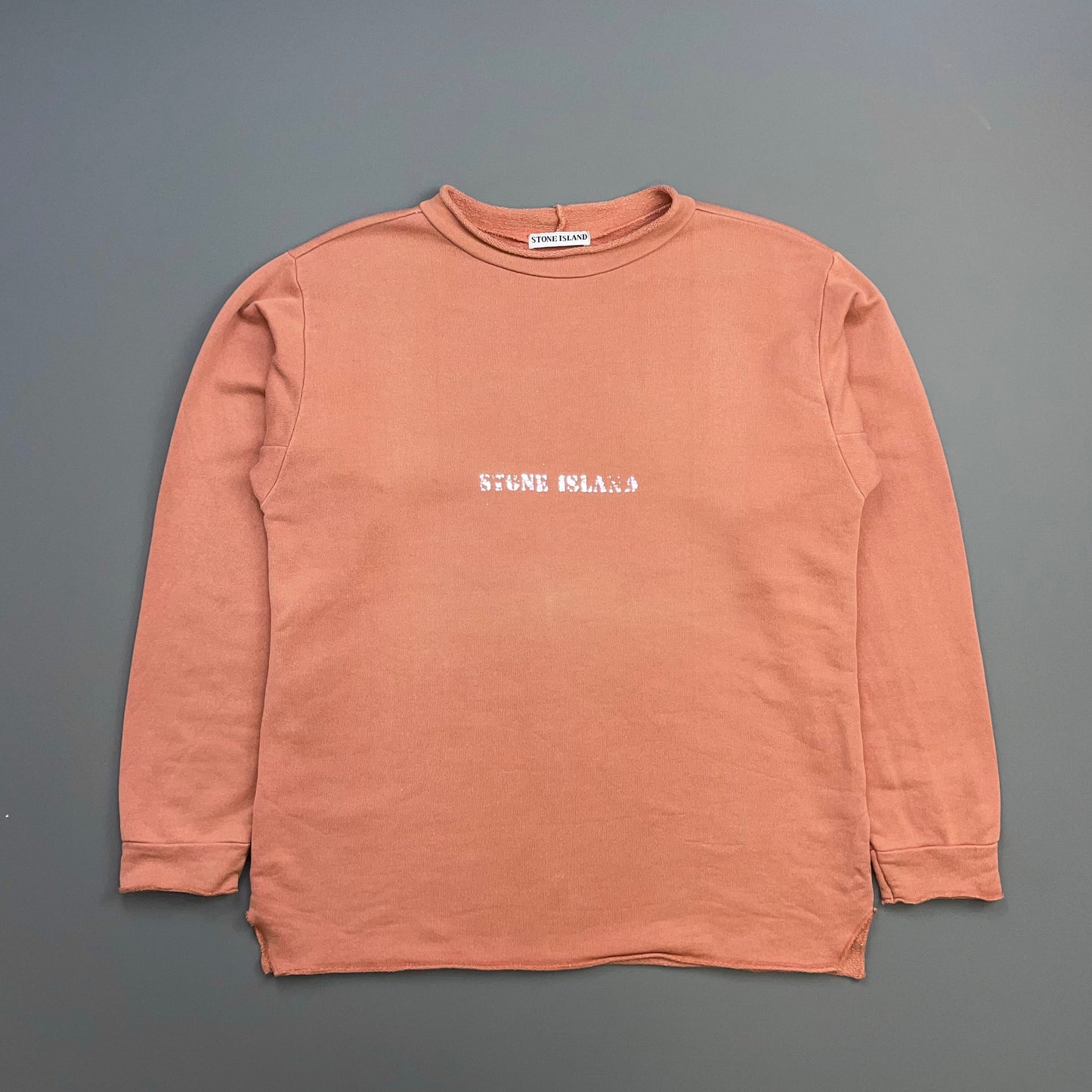 Stone Island Peach Orange 80s Reflective Spellout Mako Cotton Raw-Edge Jumper