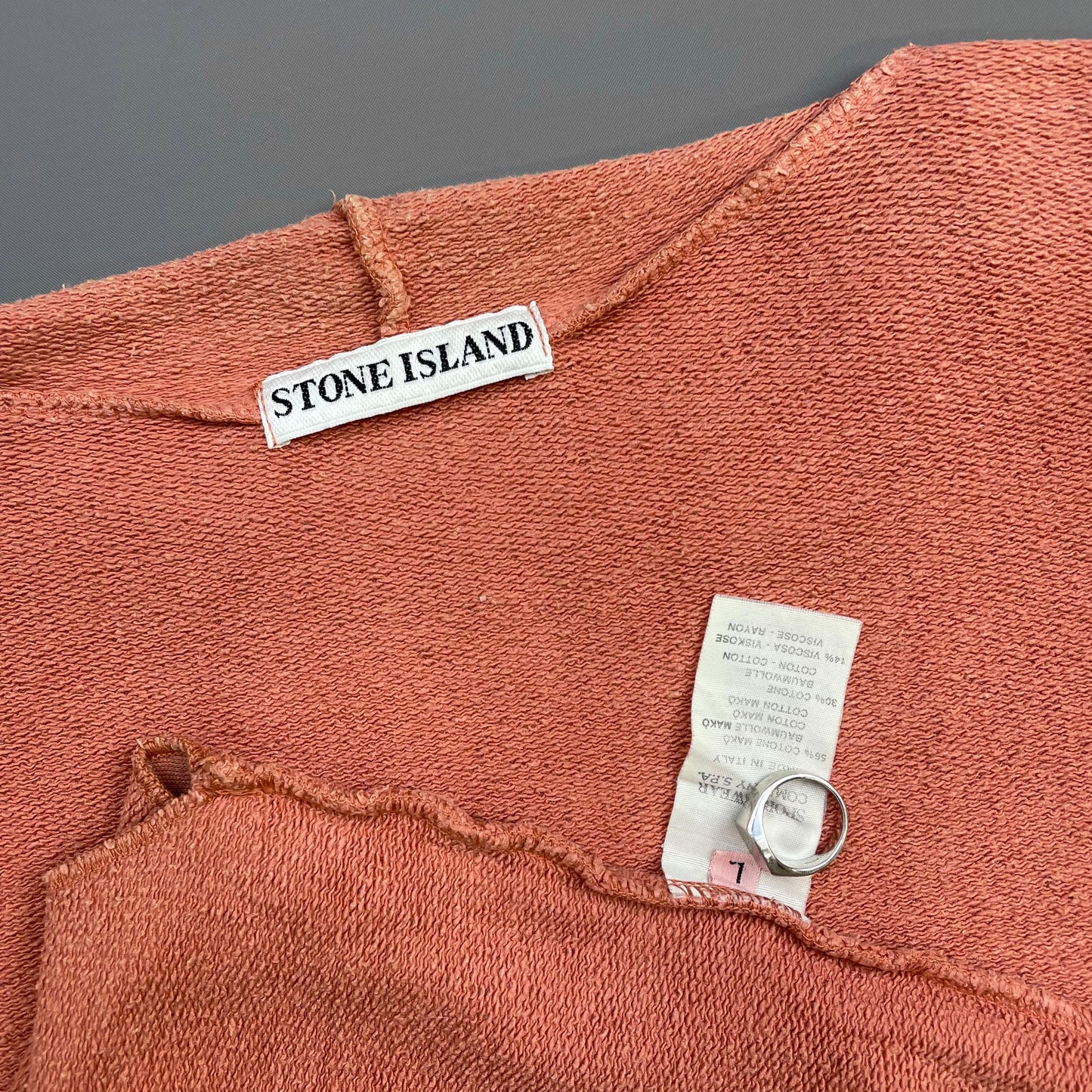 Stone Island Peach Orange 80s Reflective Spellout Mako Cotton Raw-Edge Jumper