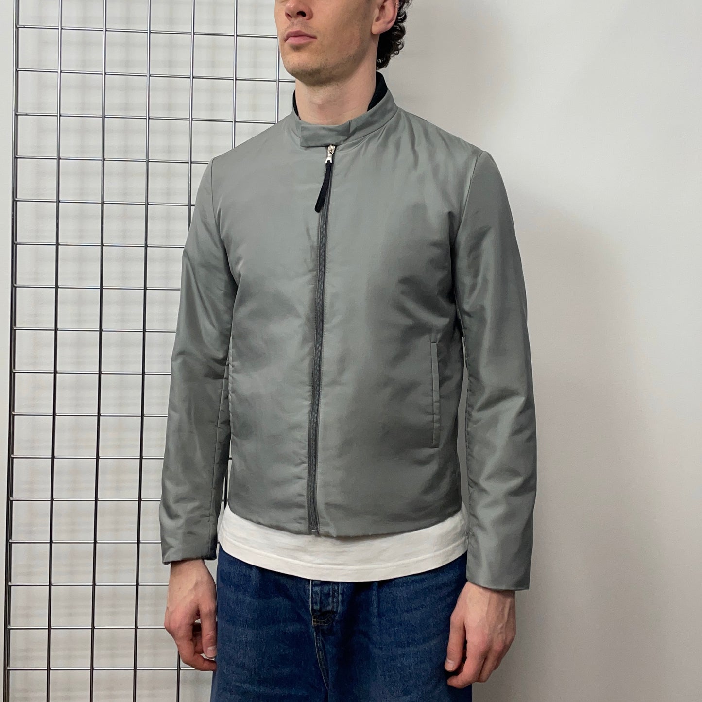 Prada Silver 90s Silk Blend Padded Biker Jacket