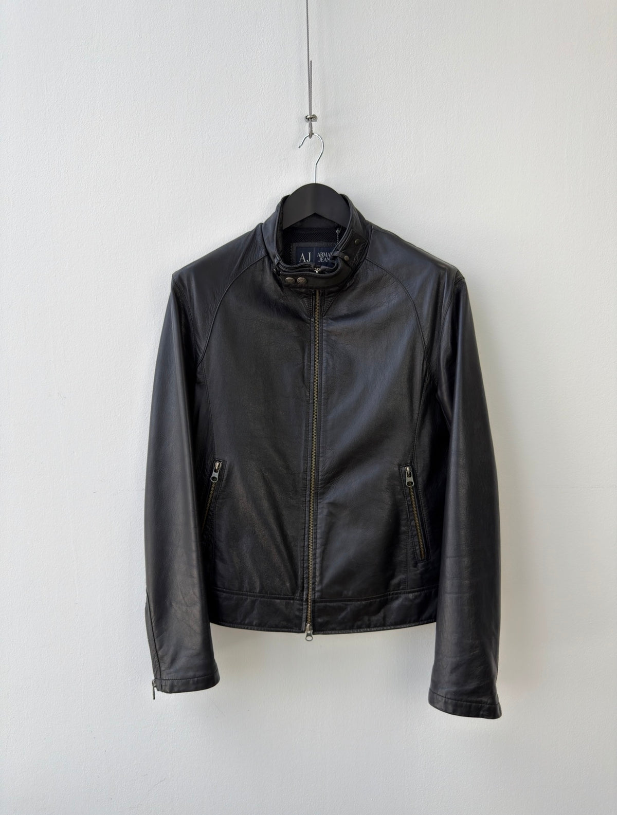 Armani Jeans Black 00s Collar Clasp Leather Biker Jacket