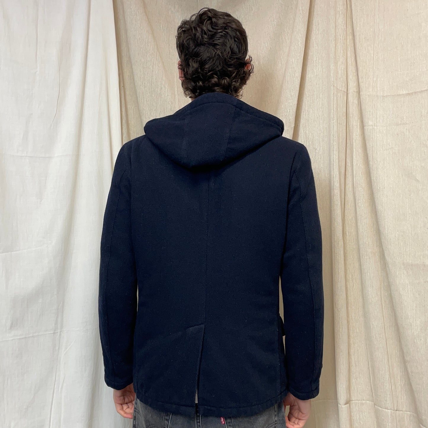 C.P. Company Navy 2010s Wool-Blend Detachable-Hood Quilted Pea Coat