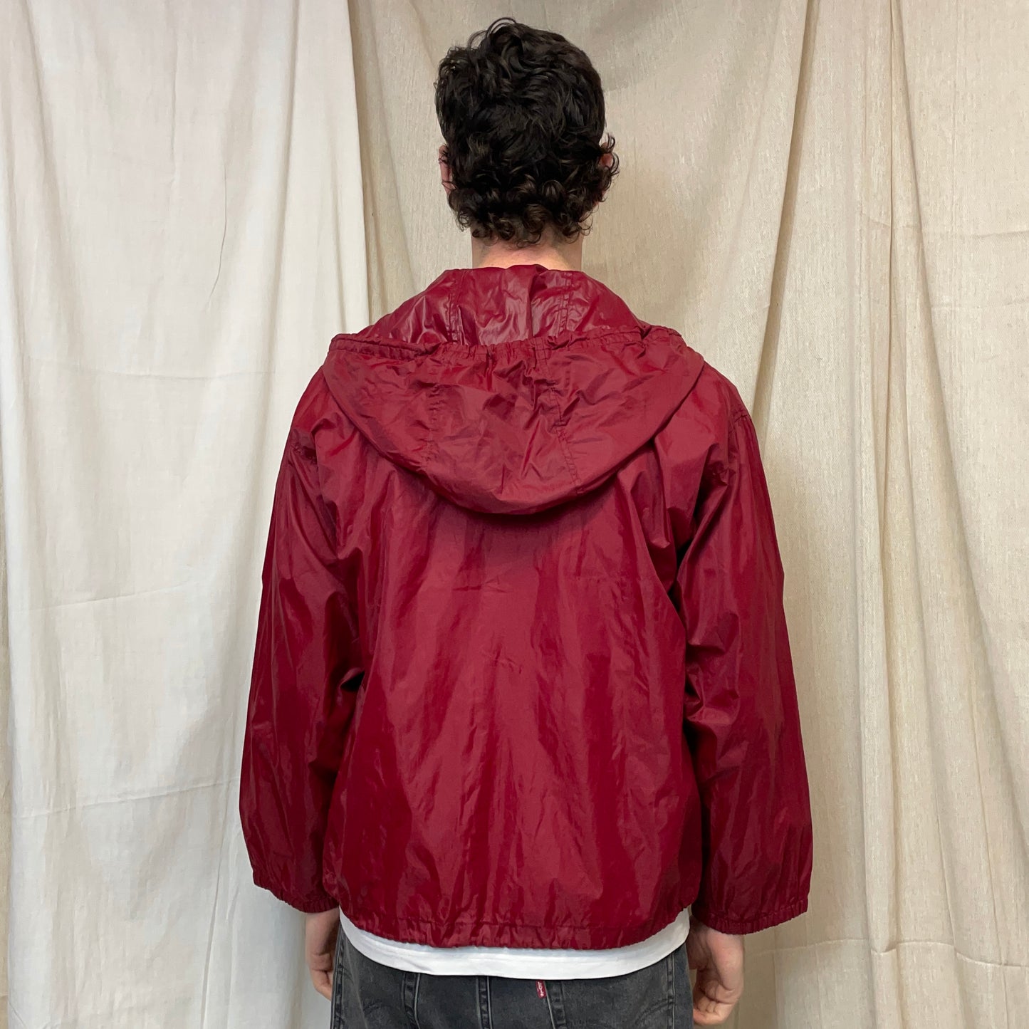 Boneville Red 80s Nylon & Chenille Patch Hooded Windbreaker Jacekt