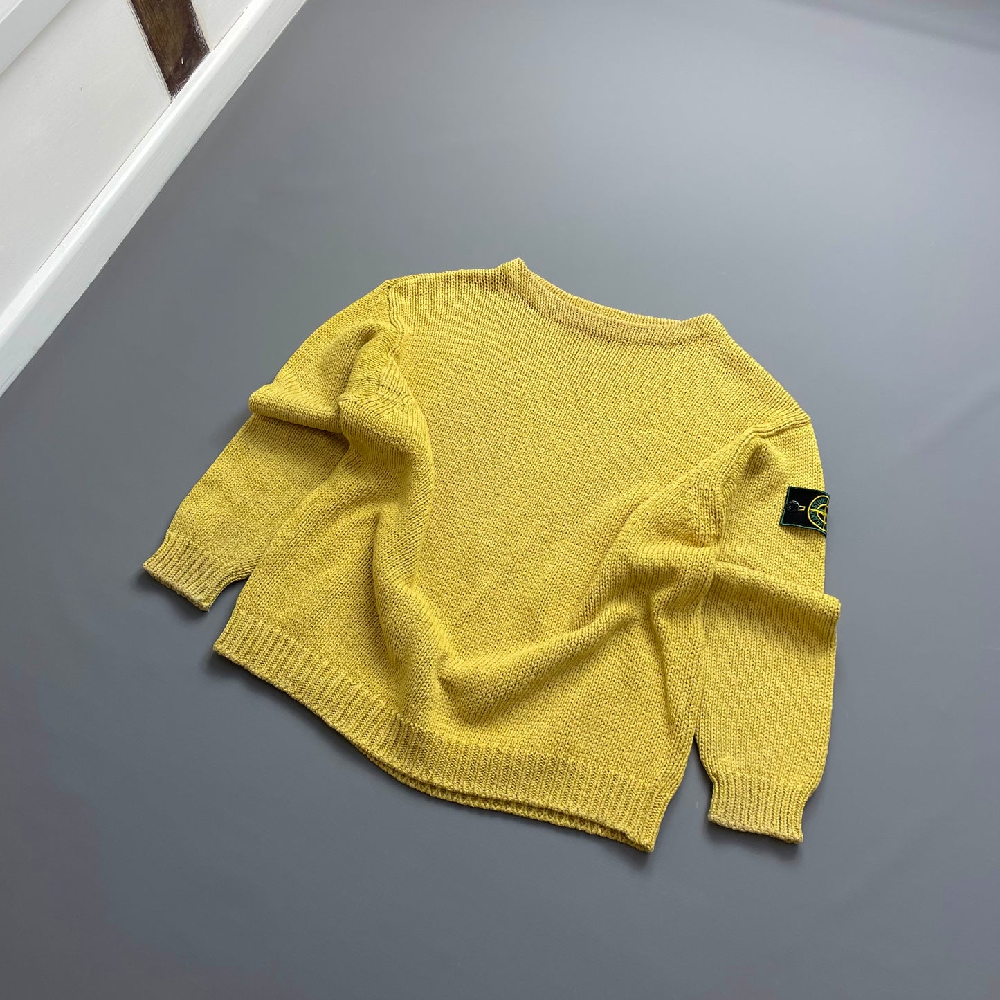 Stone Island Yellow Midweight 80s Vintage Knit Jumper w/ Green Edge Badge