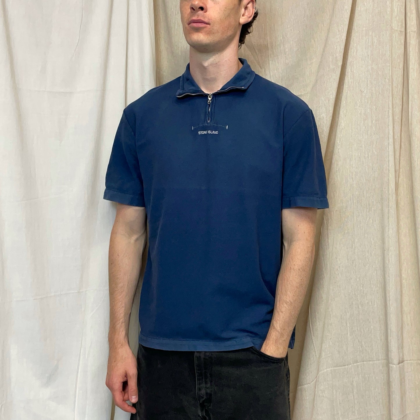 Stone Island Navy SS99 Zip-Collar Short Sleeve Spellout Polo Shirt