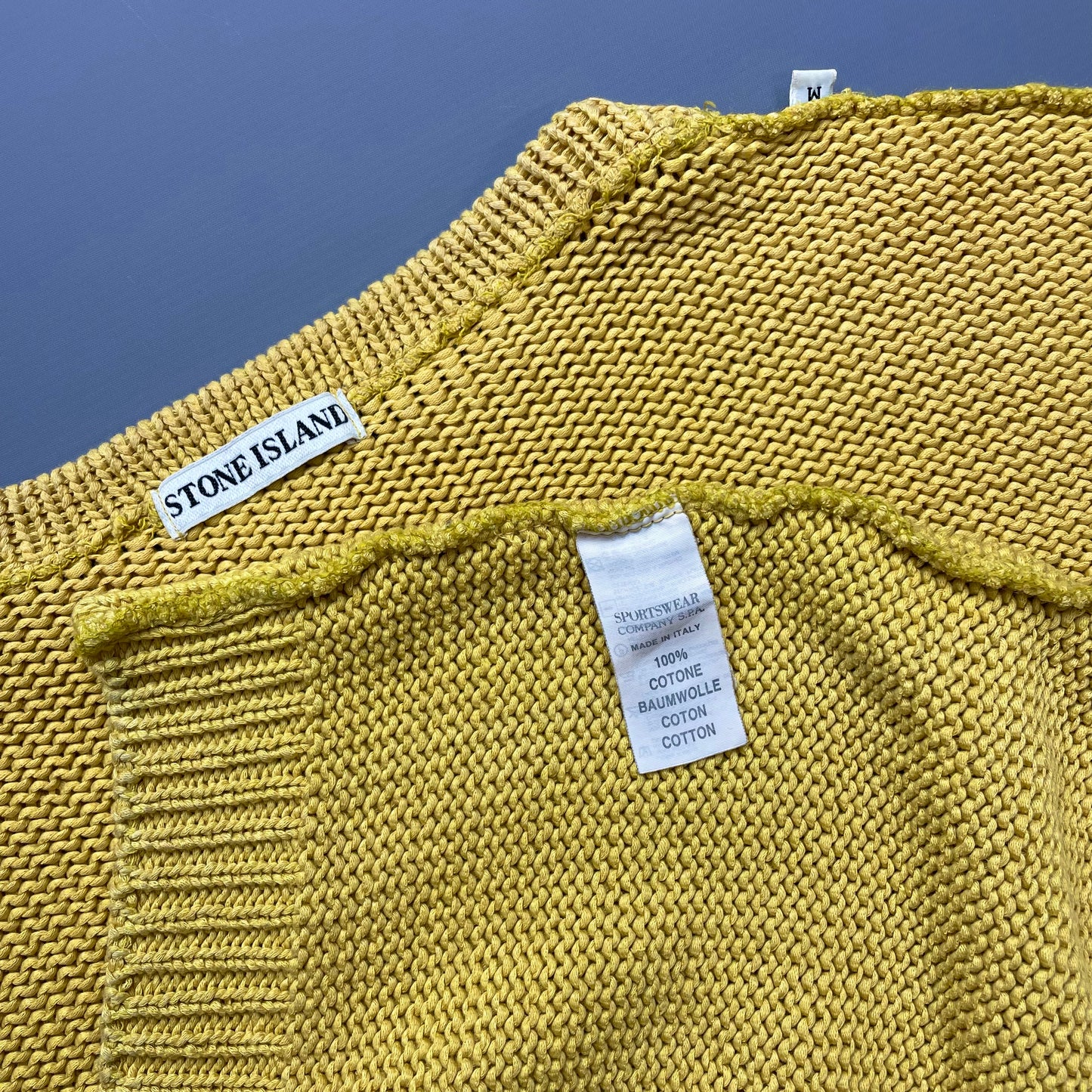 Stone Island Yellow Midweight 80s Vintage Knit Jumper w/ Green Edge Badge