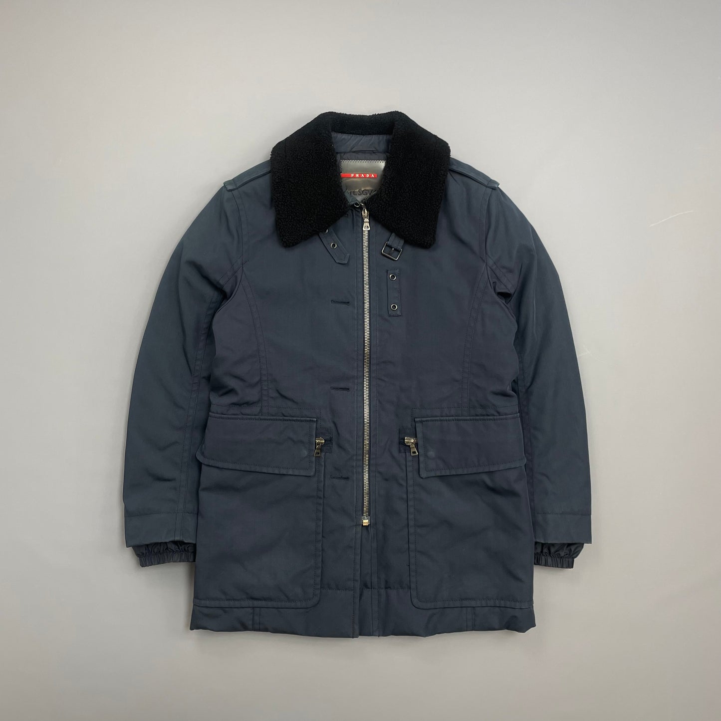 Prada Sport Blue Canvas Nylon Sheep Fur Collar Utility Padded Overcoat