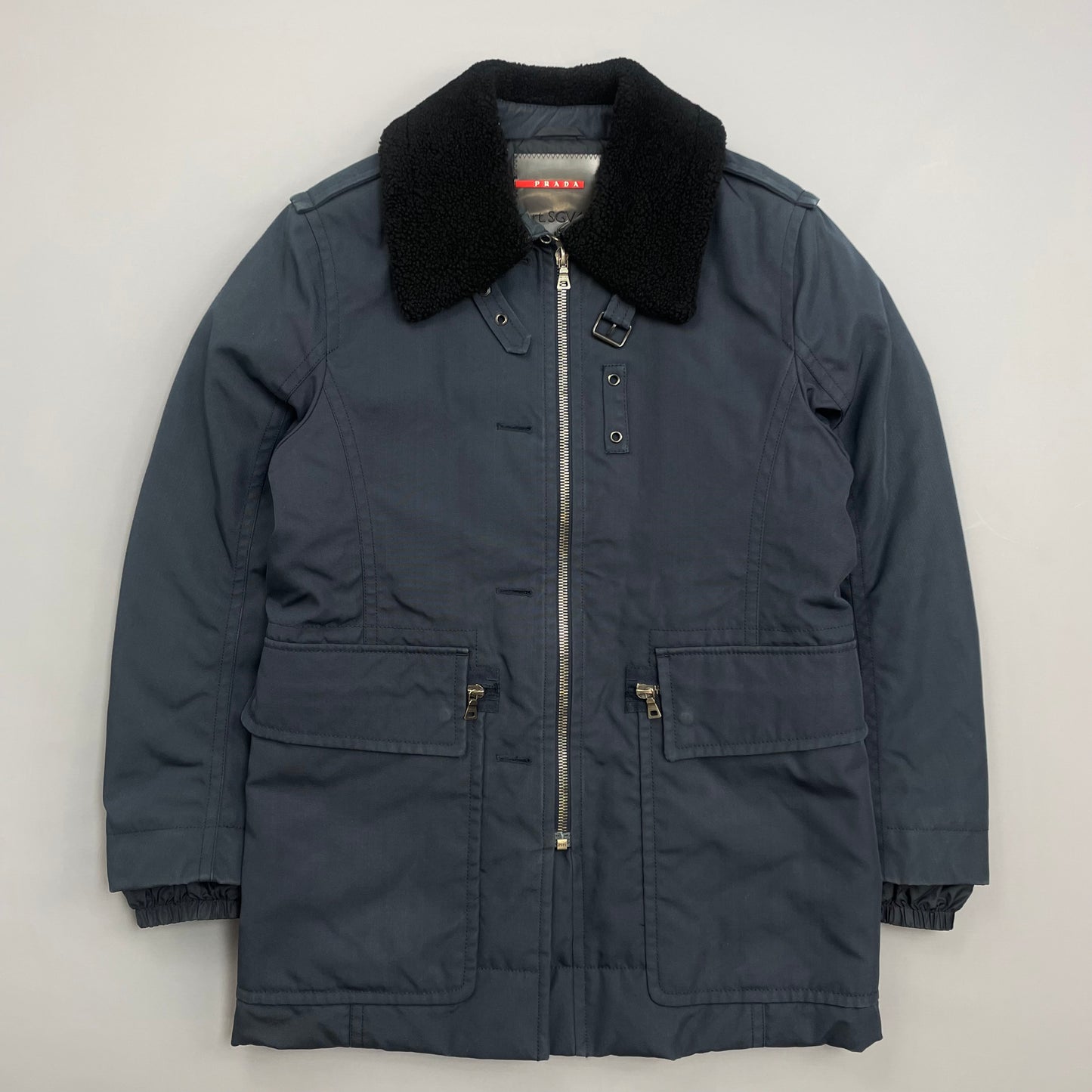 Prada Sport Blue Canvas Nylon Sheep Fur Collar Utility Padded Overcoat