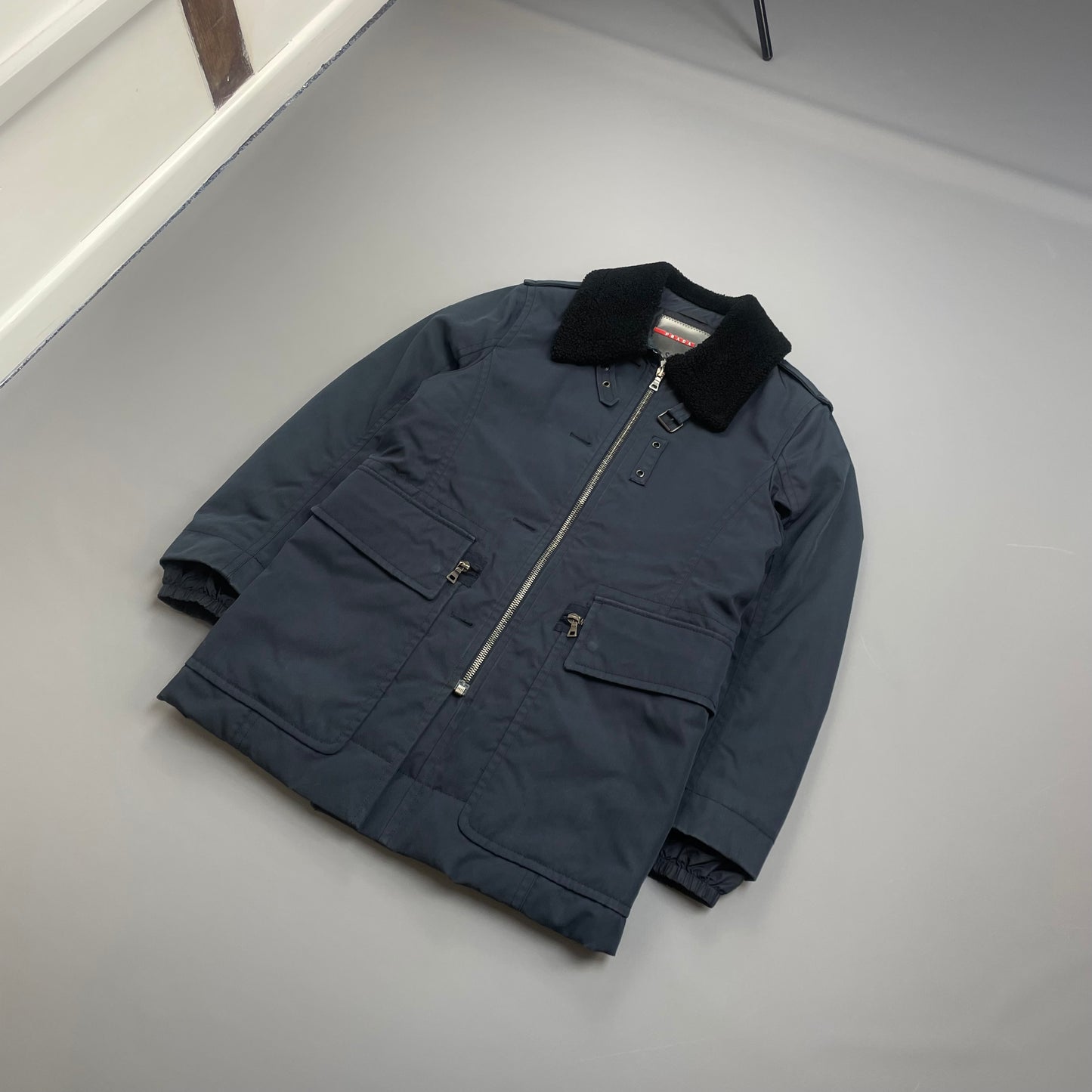Prada Sport Blue Canvas Nylon Sheep Fur Collar Utility Padded Overcoat