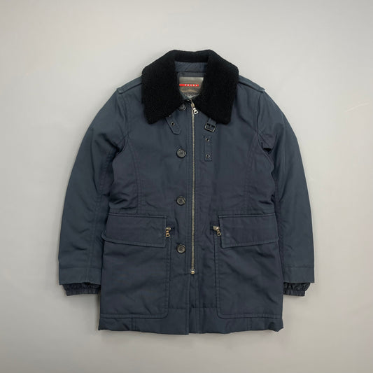 Prada Sport Blue Canvas Nylon Sheep Fur Collar Utility Padded Overcoat