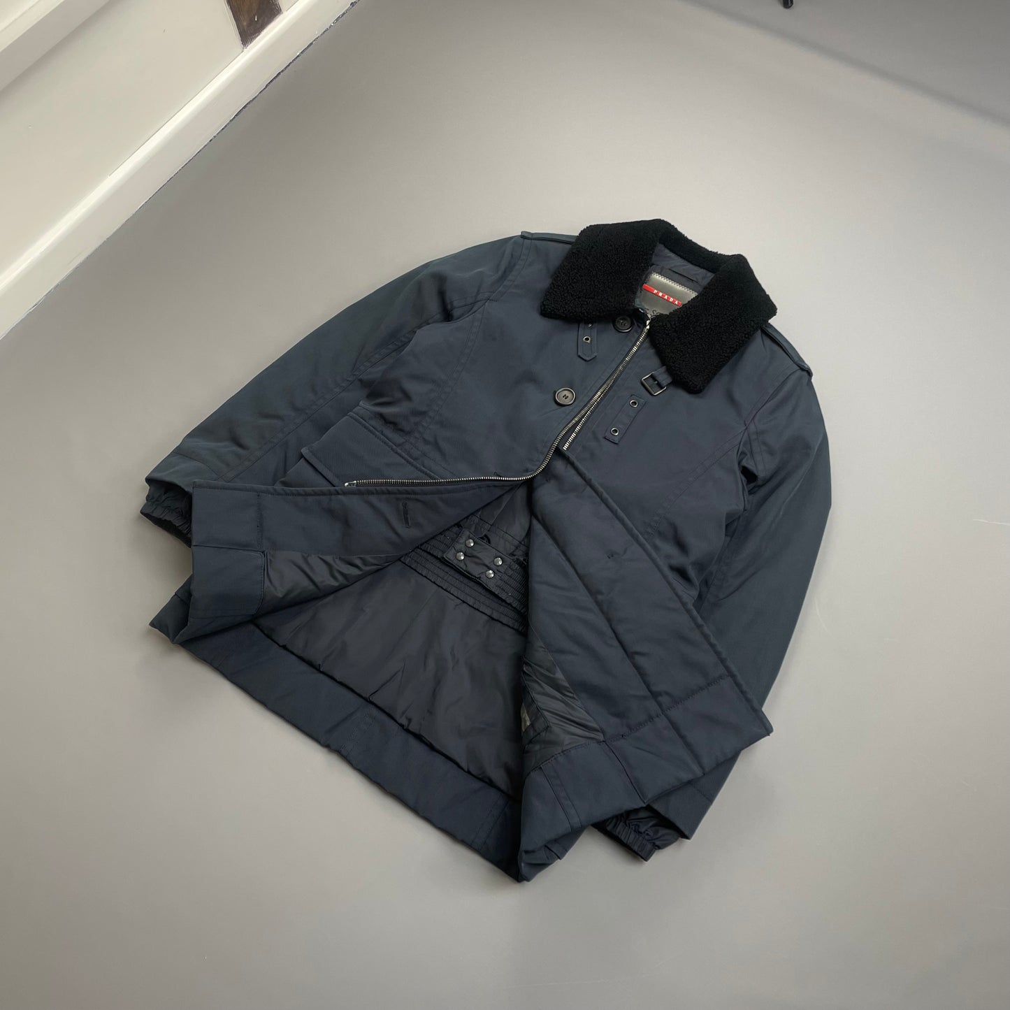 Prada Sport Blue Canvas Nylon Sheep Fur Collar Utility Padded Overcoat