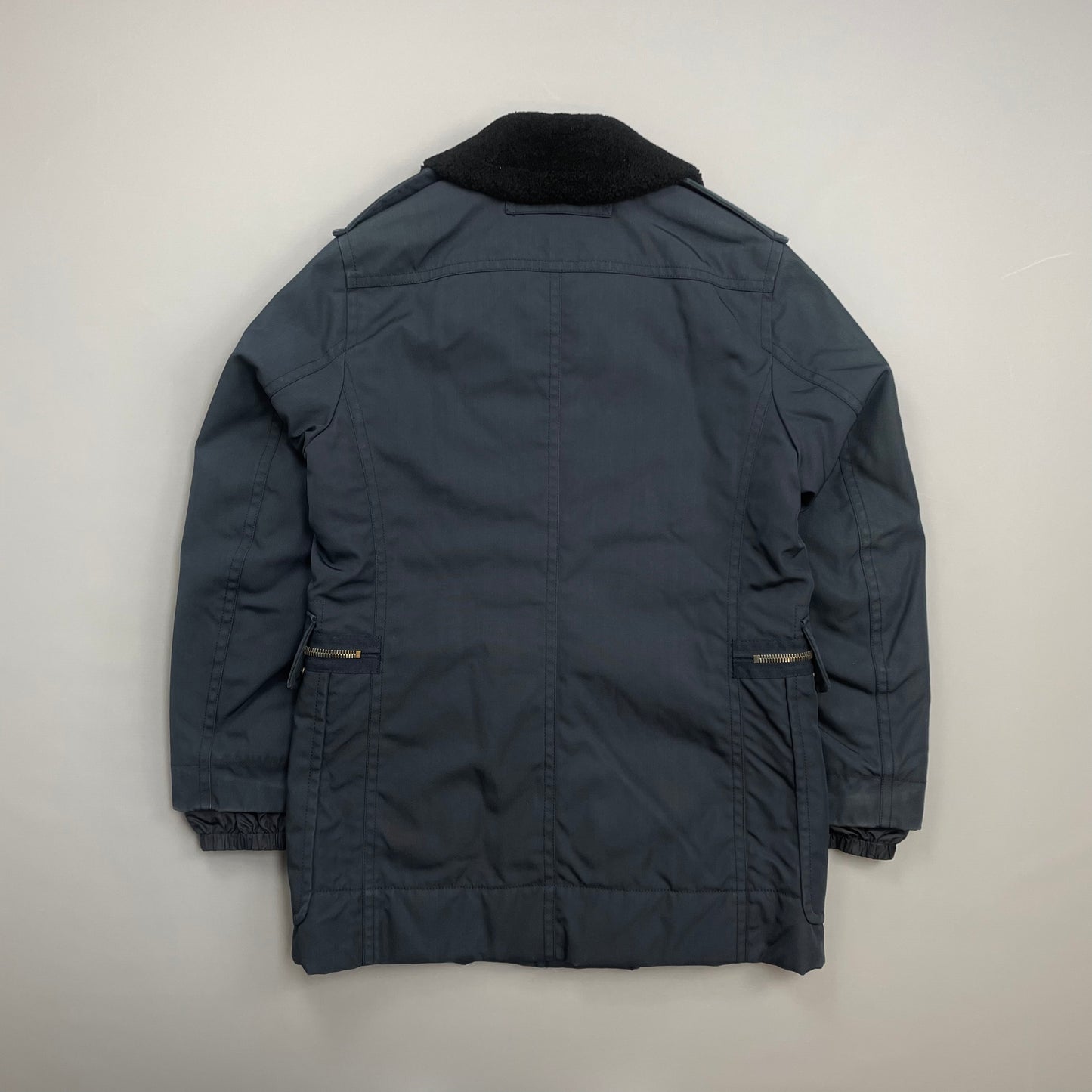 Prada Sport Blue Canvas Nylon Sheep Fur Collar Utility Padded Overcoat