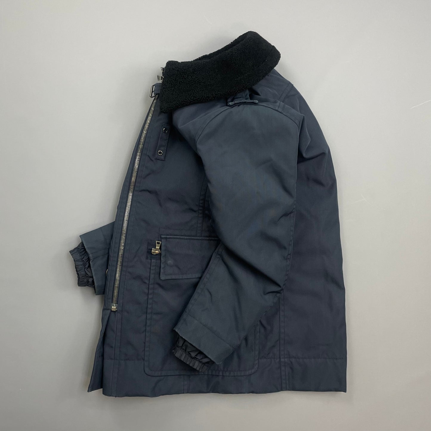 Prada Sport Blue Canvas Nylon Sheep Fur Collar Utility Padded Overcoat