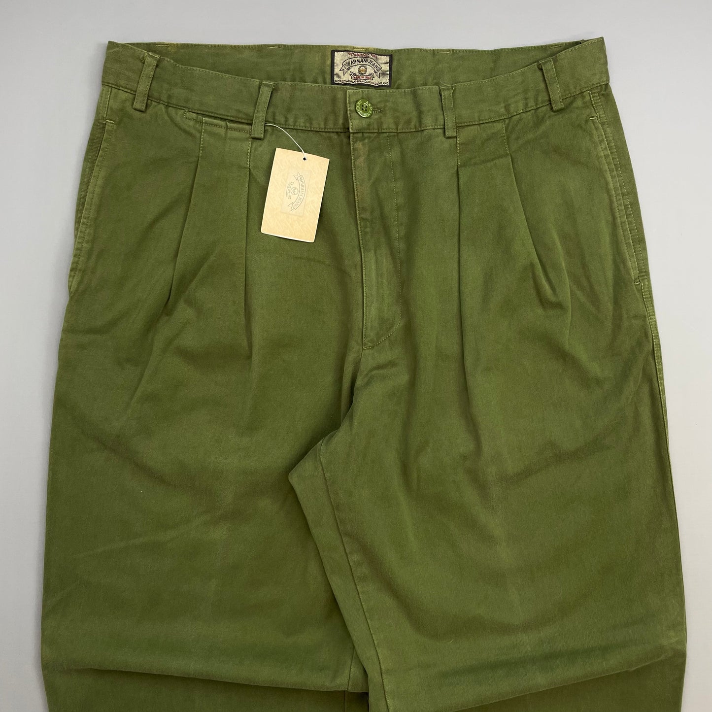 Armani Jeans Khaki Green 1990s Cotton Pleat Trouser BNWT
