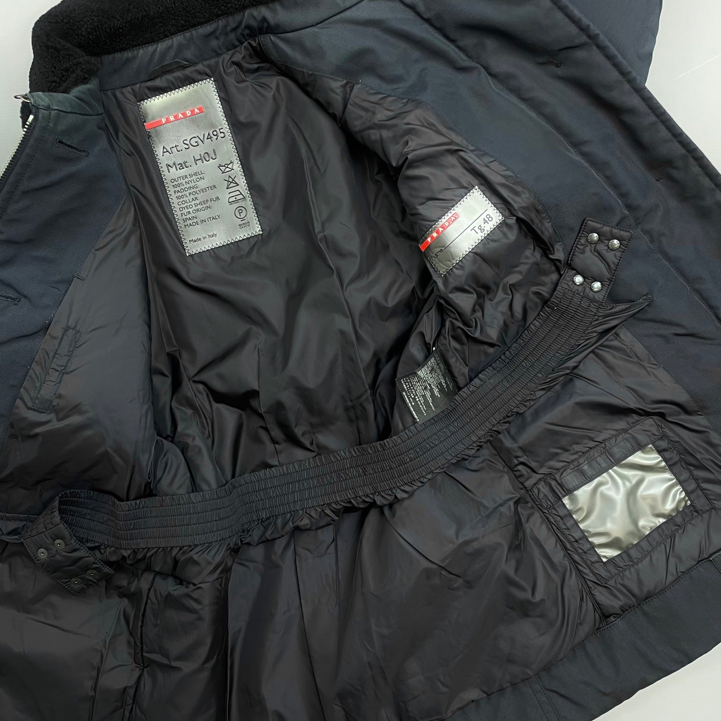 Prada Sport Blue Canvas Nylon Sheep Fur Collar Utility Padded Overcoat