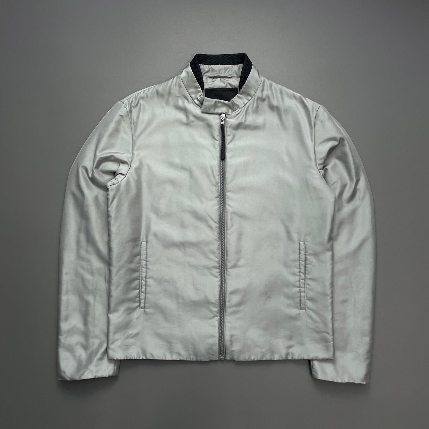Prada Silver 90s Silk Blend Padded Biker Jacket