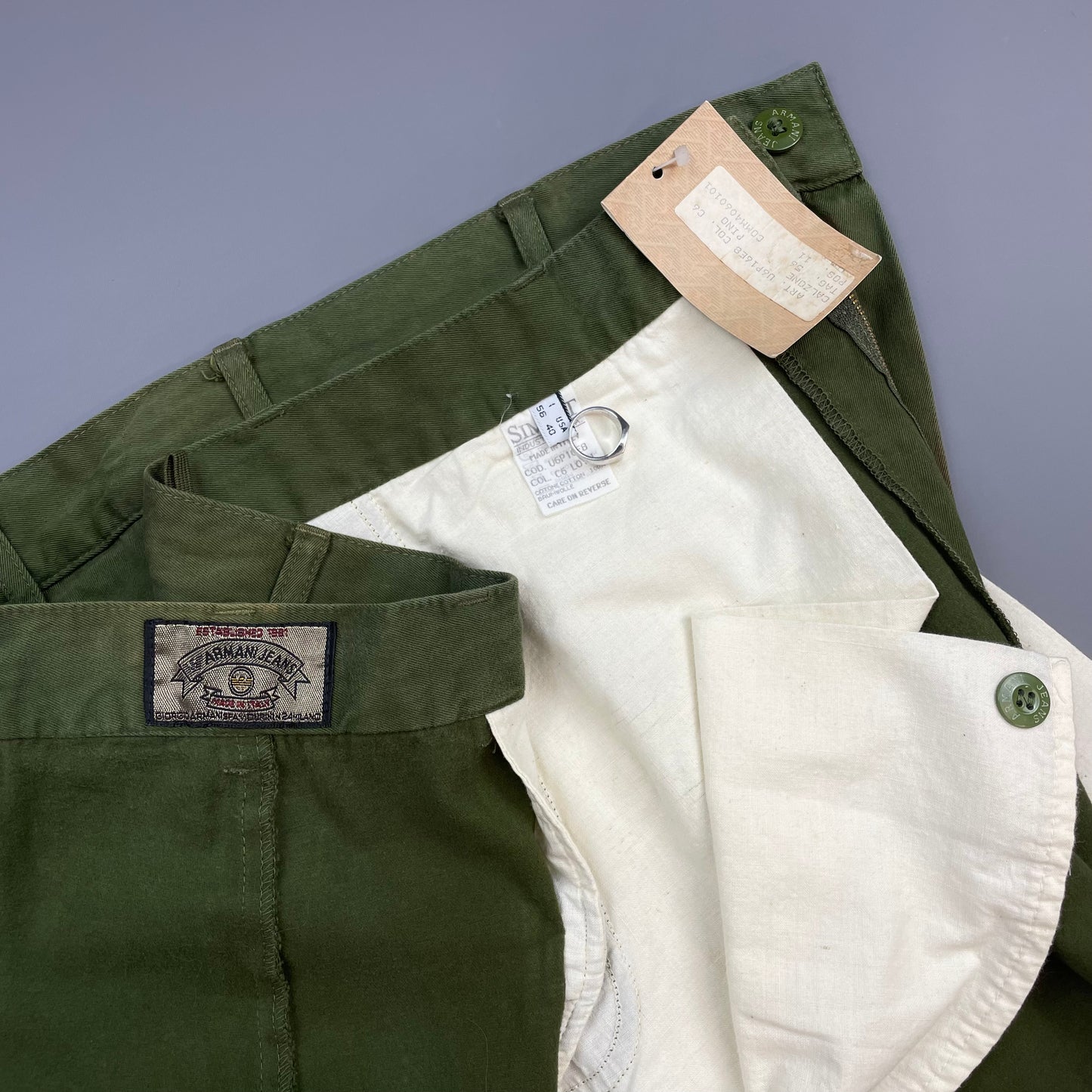 Armani Jeans Khaki Green 1990s Cotton Pleat Trouser BNWT