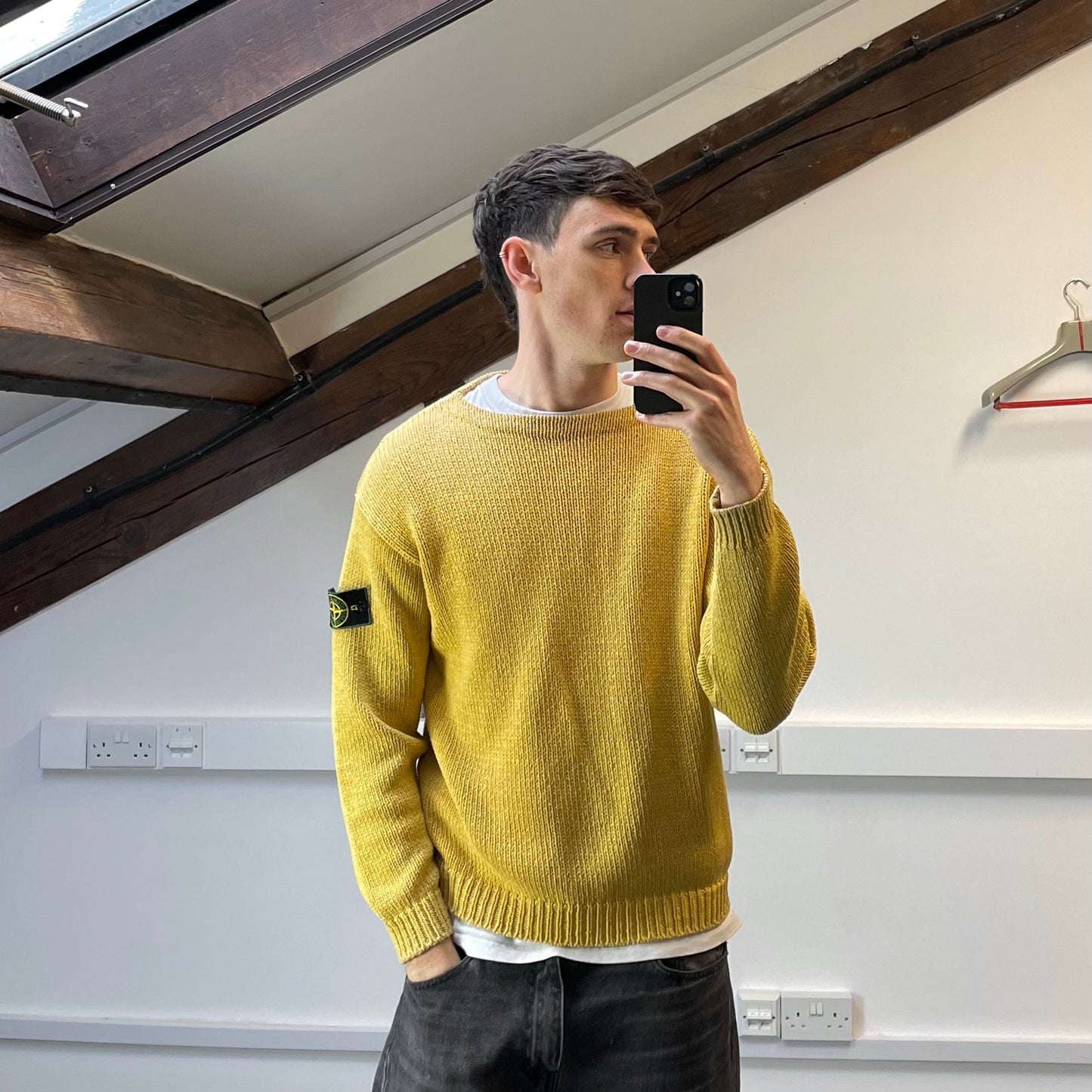 Stone Island Yellow Midweight 80s Vintage Knit Jumper w/ Green Edge Badge