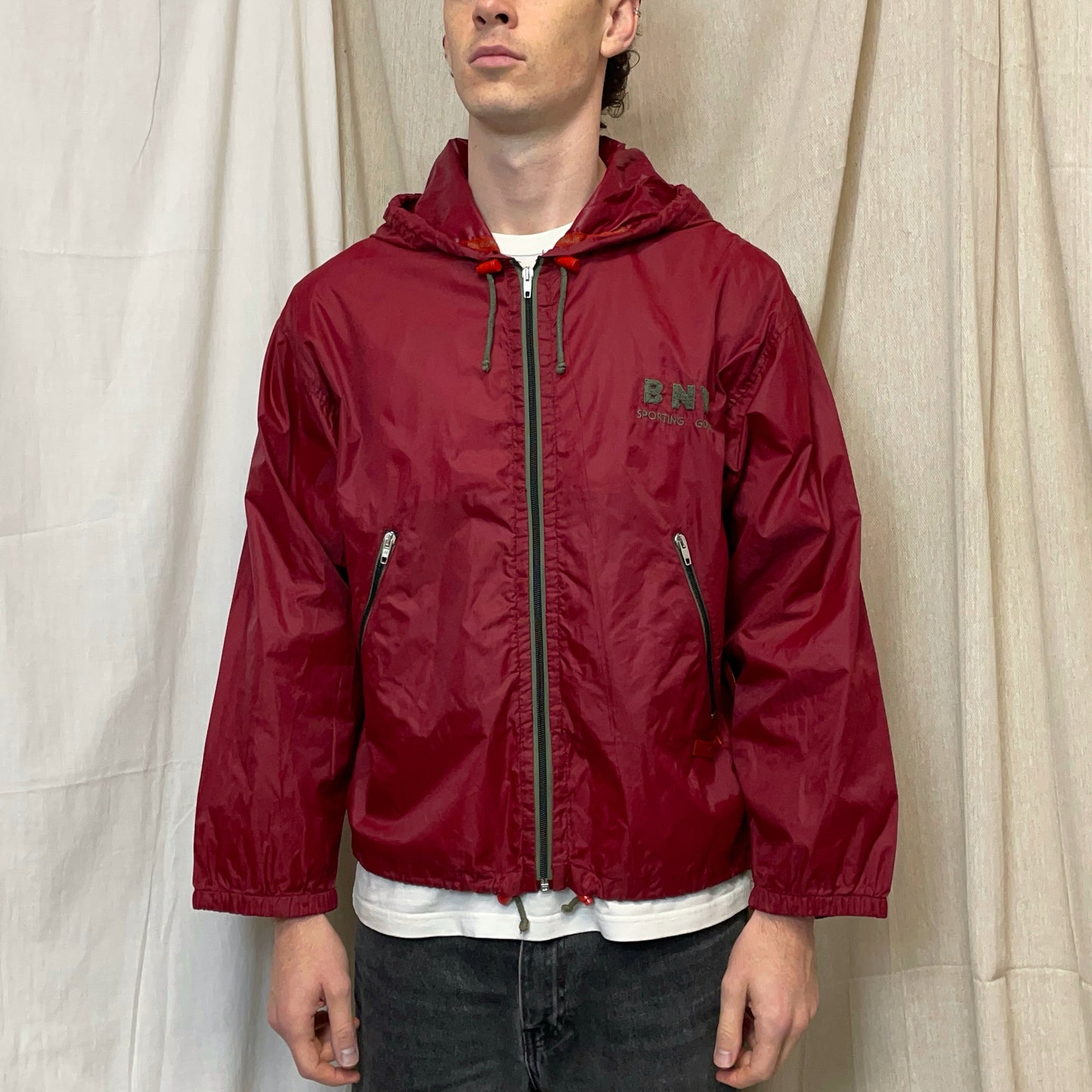 Boneville Red 80s Nylon & Chenille Patch Hooded Windbreaker Jacekt