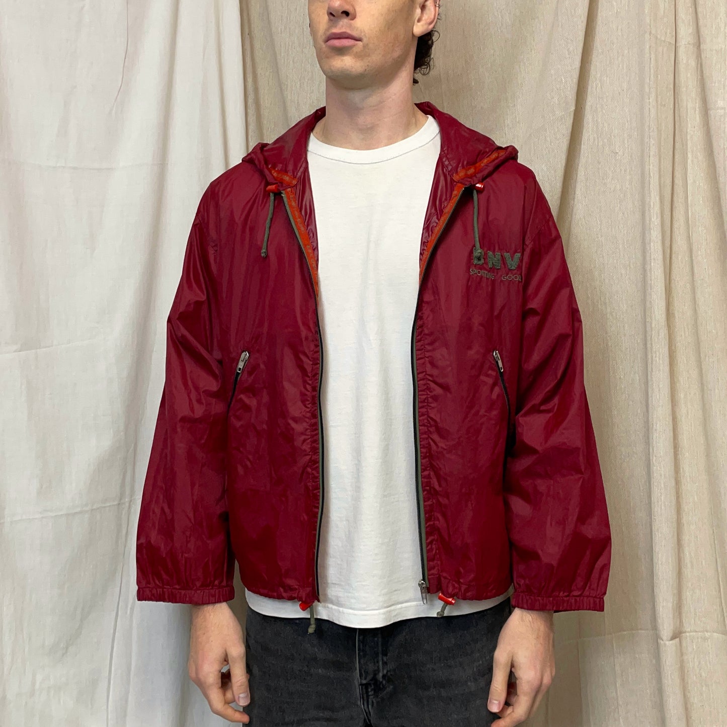 Boneville Red 80s Nylon & Chenille Patch Hooded Windbreaker Jacekt