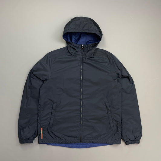 Prada Sport 2014 Navy & Iridescent Blue Reversible Resin-Coated Nylon Hooded Windbreaker Jacket