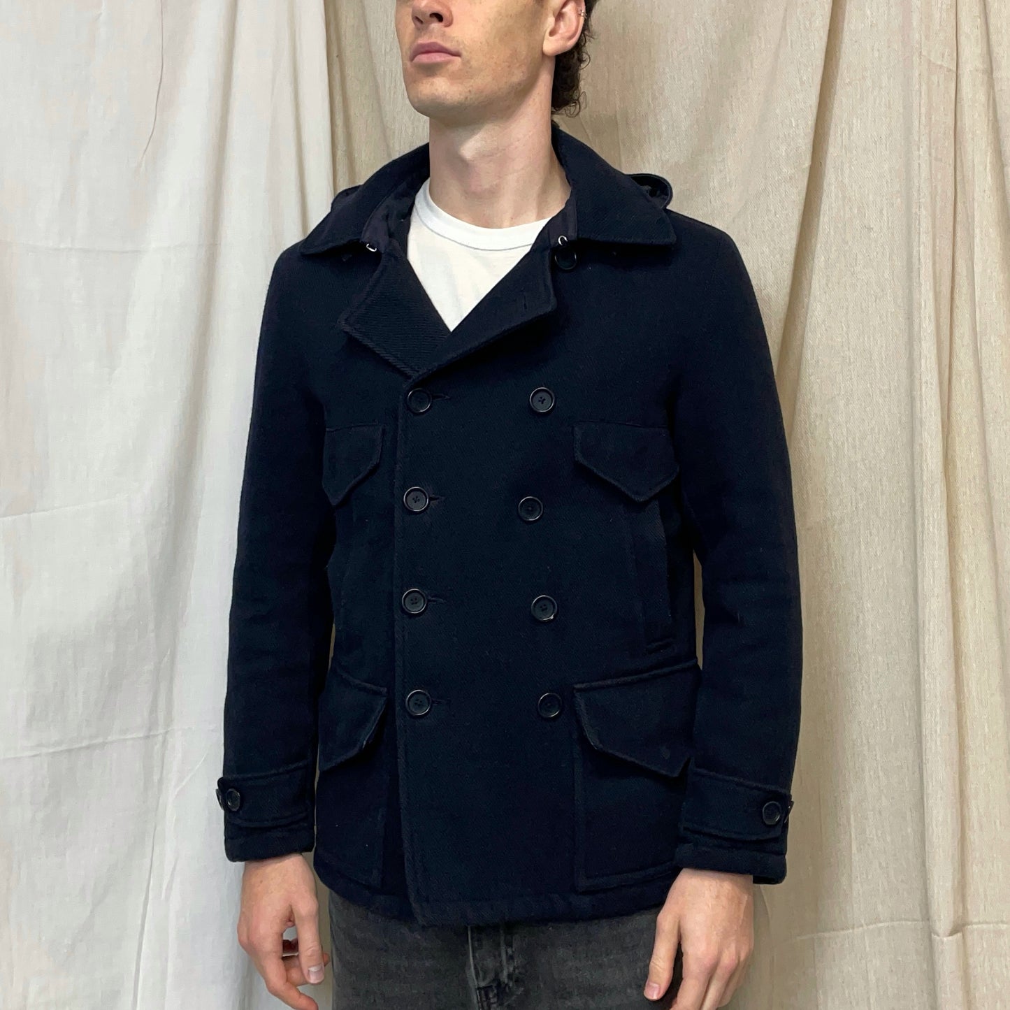 C.P. Company Navy 2010s Wool-Blend Detachable-Hood Quilted Pea Coat