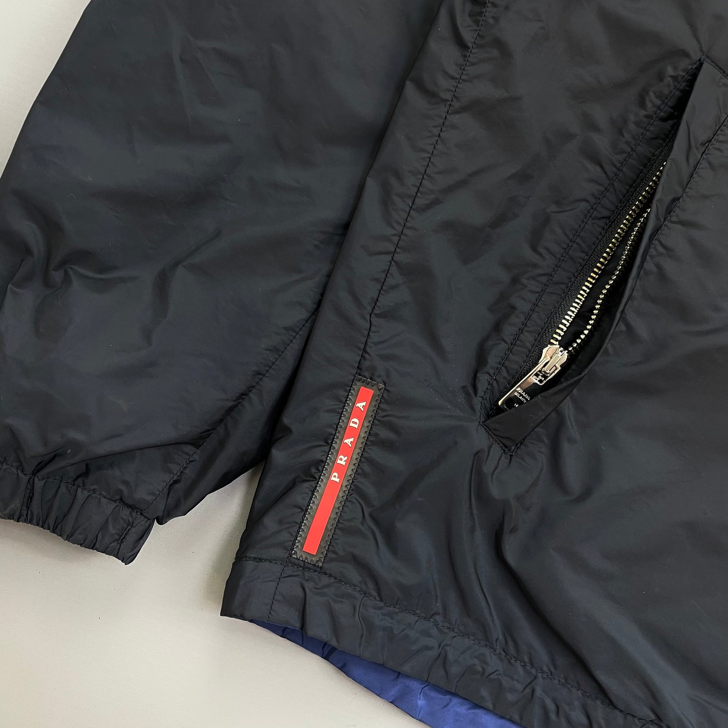 Prada Sport 2014 Navy & Iridescent Blue Reversible Resin-Coated Nylon Hooded Windbreaker Jacket
