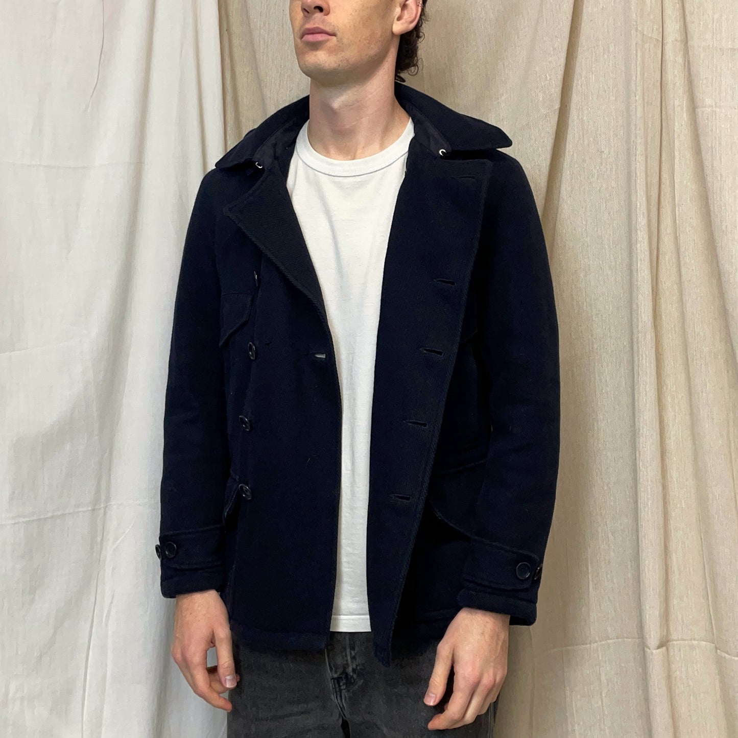 C.P. Company Navy 2010s Wool-Blend Detachable-Hood Quilted Pea Coat