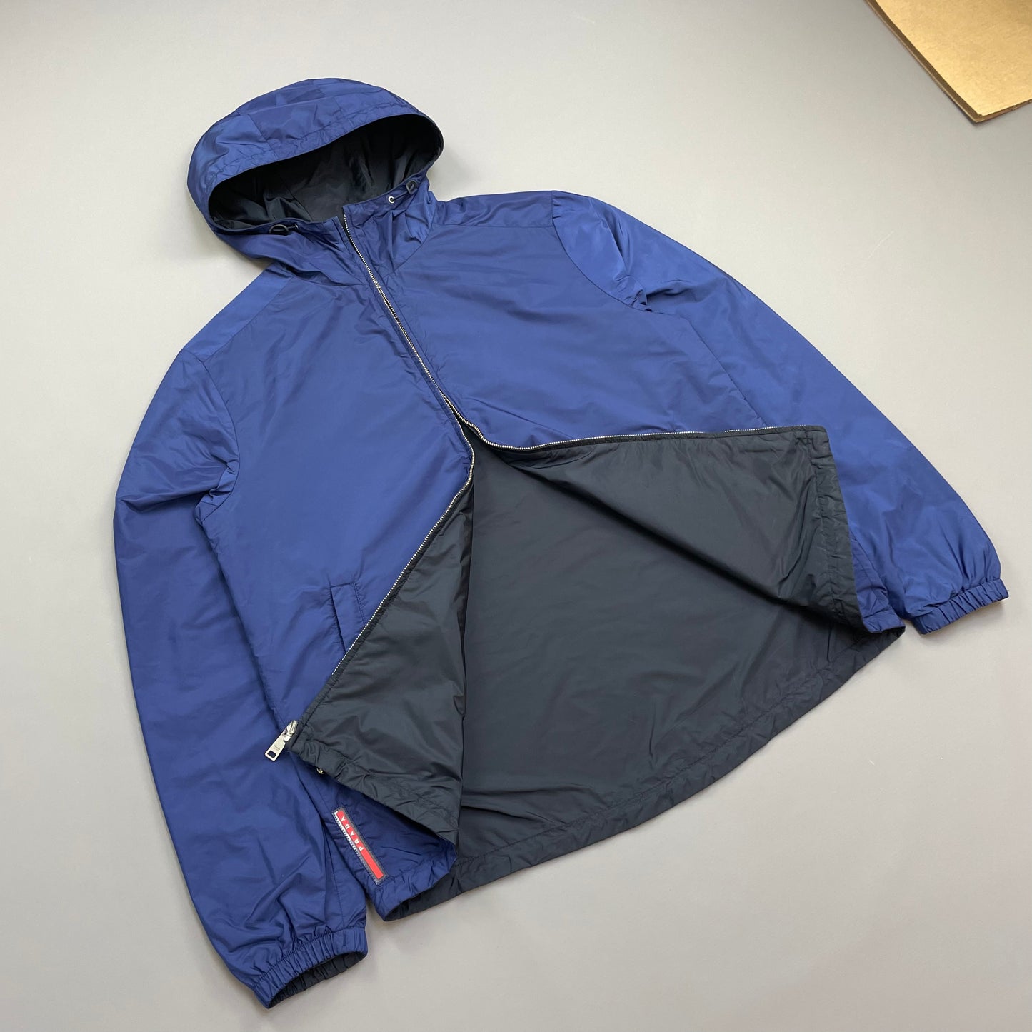 Prada Sport 2014 Navy & Iridescent Blue Reversible Resin-Coated Nylon Hooded Windbreaker Jacket