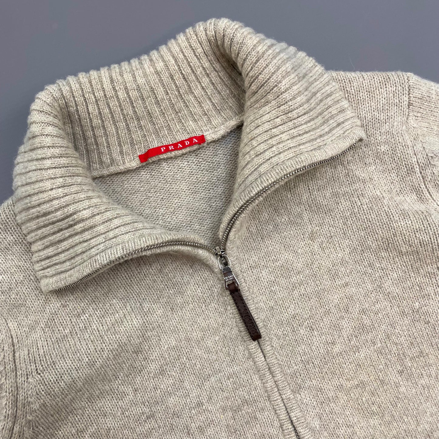 Prada Sport Grey 2007 Suede-Leather Patch Half-Zip Wool Knit Jumper