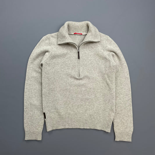 Prada Sport Grey 2007 Suede-Leather Patch Half-Zip Wool Knit Jumper