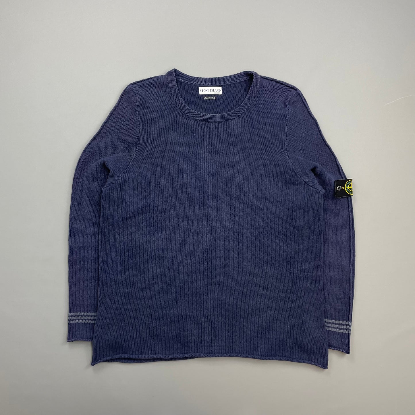 Stone Island Navy SS03 Silk-Cotton Blend Raw-Edge Striped Cuff Knit Jumper