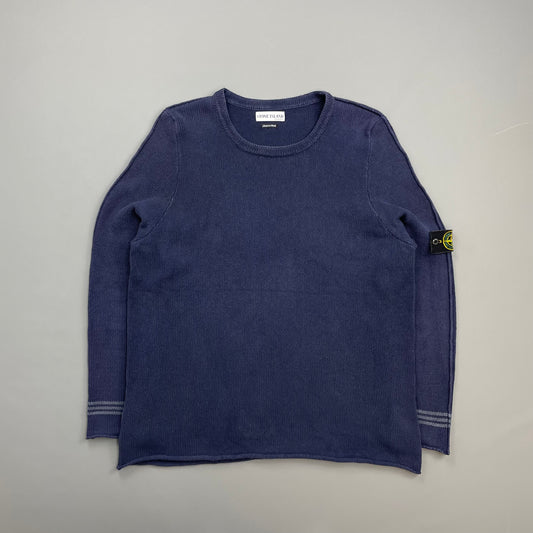 Stone Island Navy SS03 Silk-Cotton Blend Raw-Edge Striped Cuff Knit Jumper