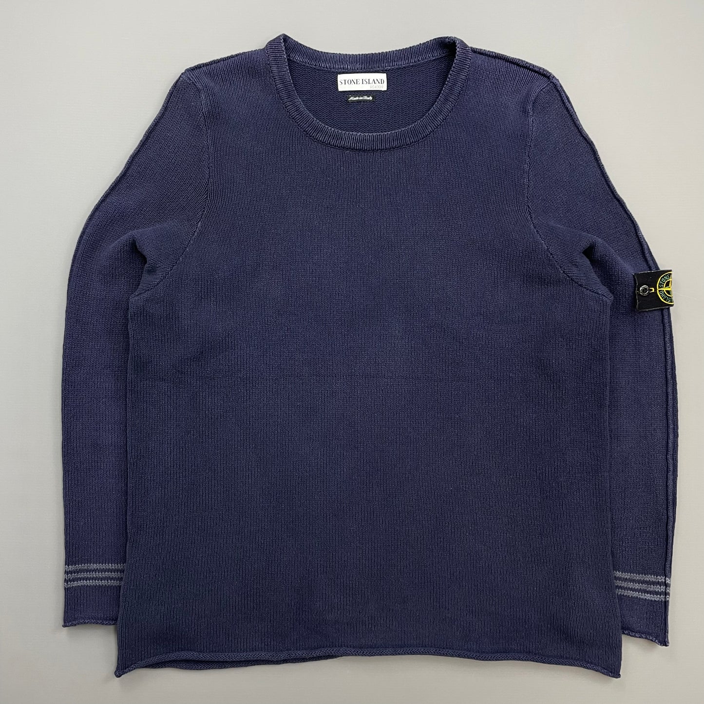 Stone Island Navy SS03 Silk-Cotton Blend Raw-Edge Striped Cuff Knit Jumper
