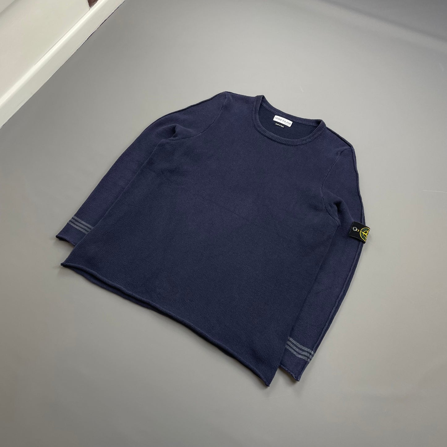 Stone Island Navy SS03 Silk-Cotton Blend Raw-Edge Striped Cuff Knit Jumper