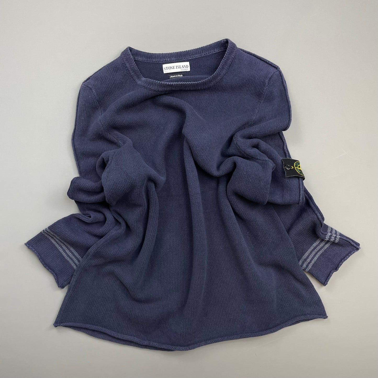 Stone Island Navy SS03 Silk-Cotton Blend Raw-Edge Striped Cuff Knit Jumper