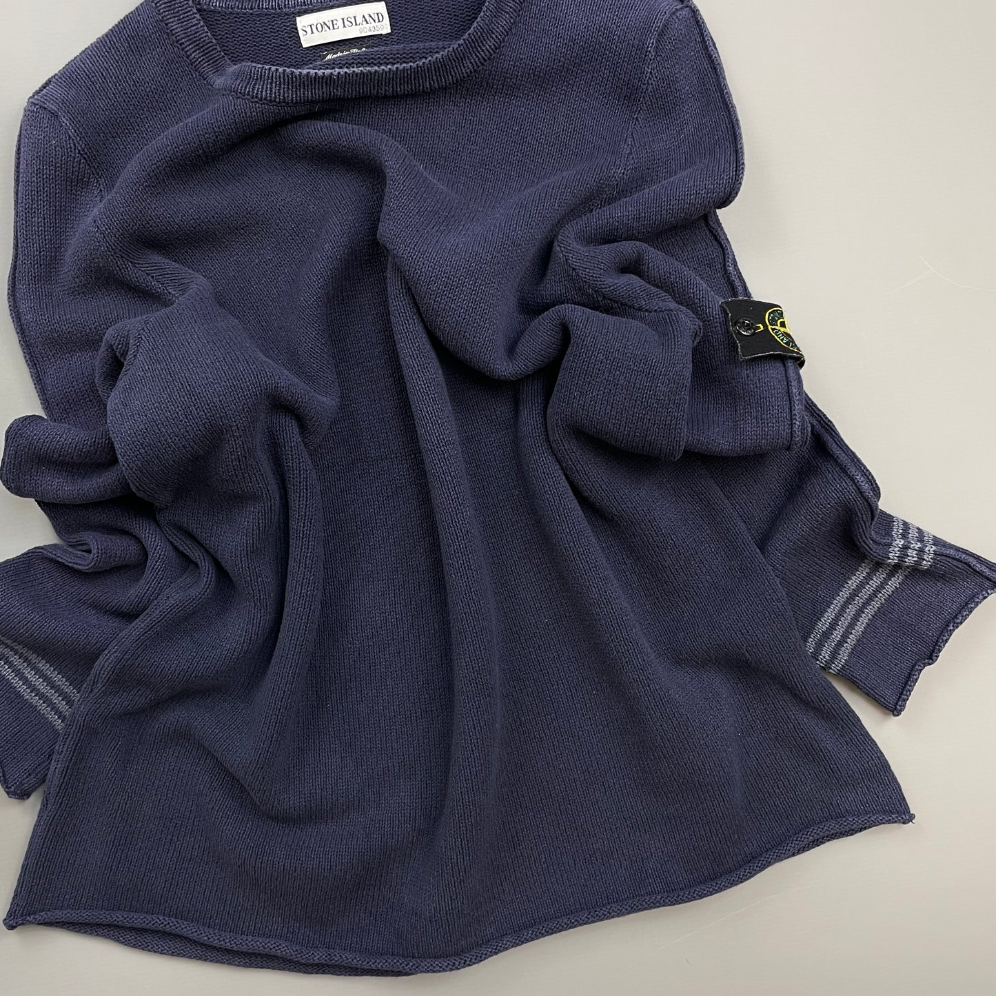 Stone Island Navy SS03 Silk-Cotton Blend Raw-Edge Striped Cuff Knit Jumper