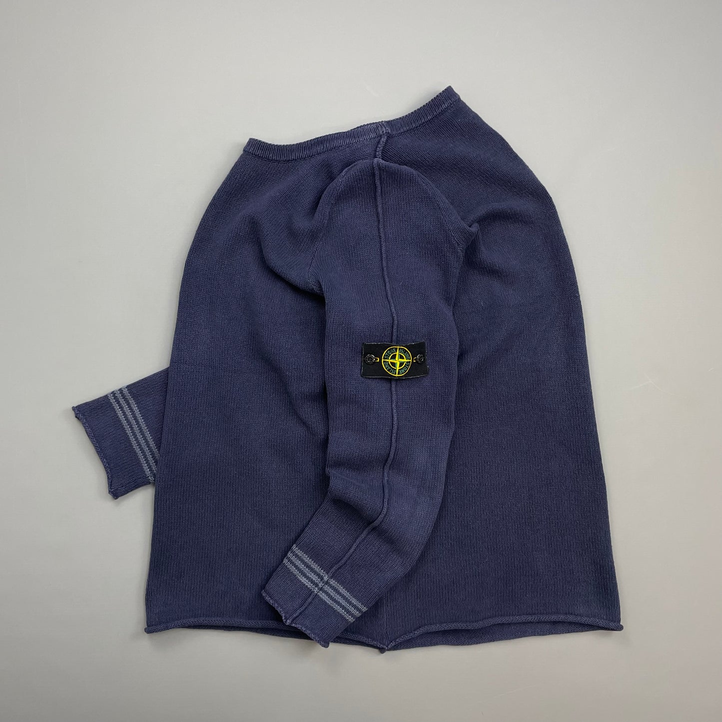 Stone Island Navy SS03 Silk-Cotton Blend Raw-Edge Striped Cuff Knit Jumper